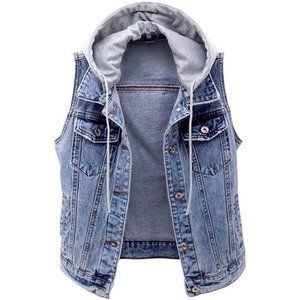 Women's Distressed Sleeveless Denim Vest with Detachable Hoodie Blue